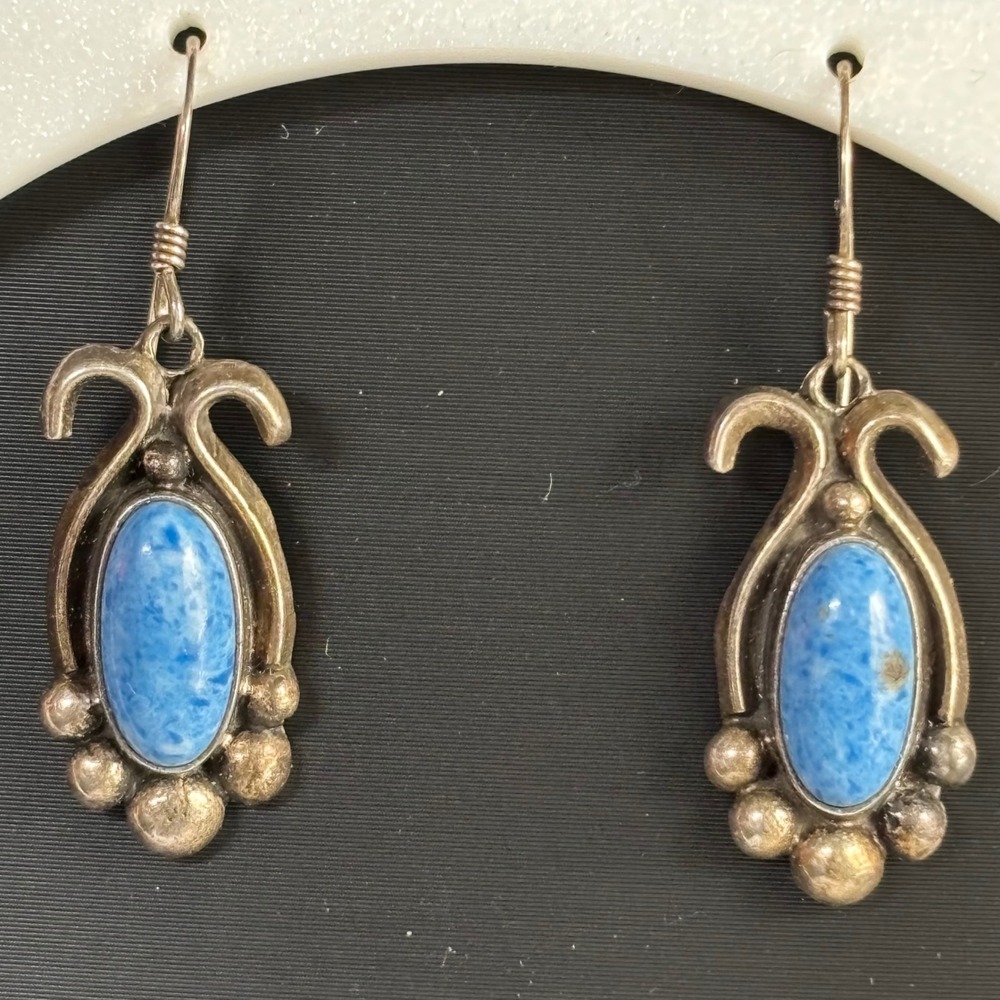 Vintage Sterling Silver Sodalite Scroll Drop Earrings Native American Southwest